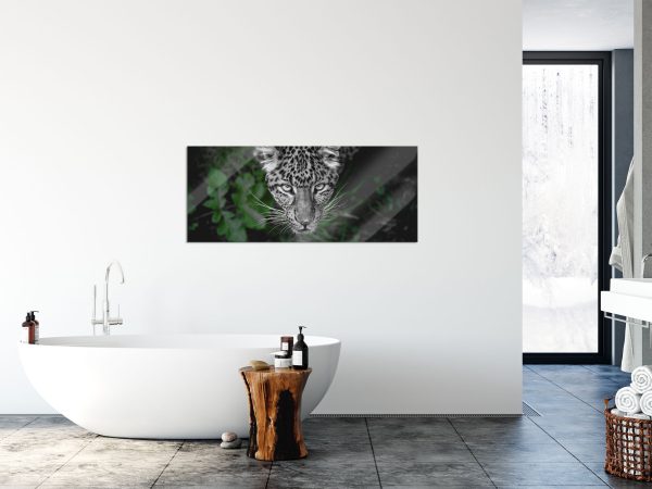 gefährlicher Panther im Wald von oben B&W Detail, Glasbild Panorama Verkauf – Bild 4