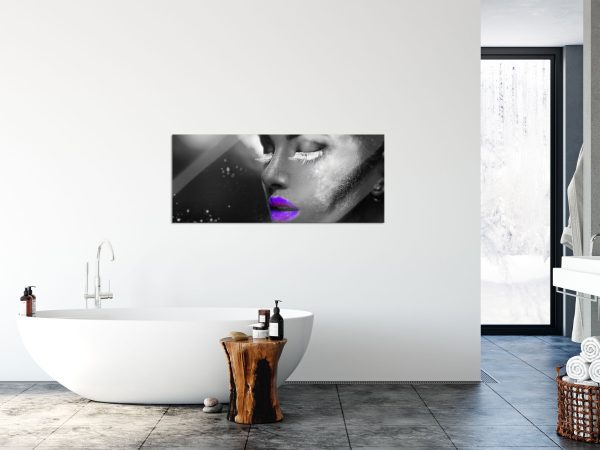 Frauengesicht bunte Neonlichter B&W Detail, Glasbild Panorama Im Angebot – Bild 4