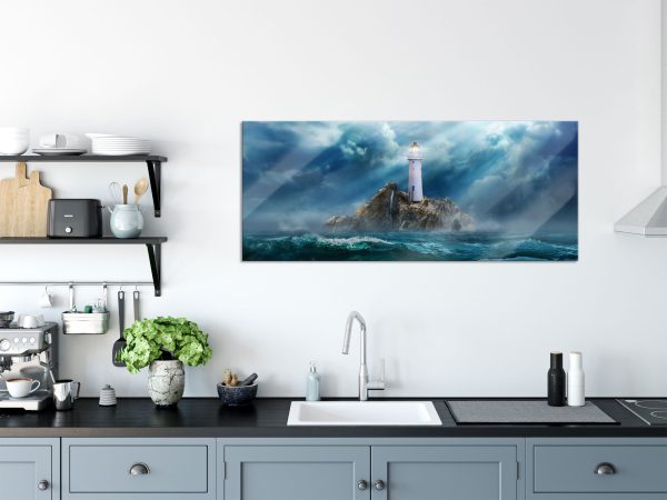 Sonnenstrahlen auf Leuchtturm im Sturm, Glasbild Panorama Schn?ppchen – Bild 3