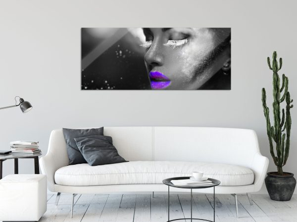 Frauengesicht bunte Neonlichter B&W Detail, Glasbild Panorama Im Angebot – Bild 2