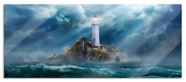 Sonnenstrahlen auf Leuchtturm im Sturm, Glasbild Panorama Schn?ppchen