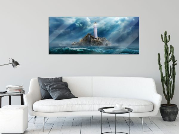 Sonnenstrahlen auf Leuchtturm im Sturm, Glasbild Panorama Schn?ppchen – Bild 2