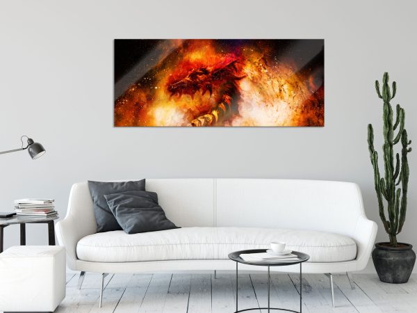 Abstrakter roter Feuerdrachen, Glasbild Panorama Rabatt – Bild 2