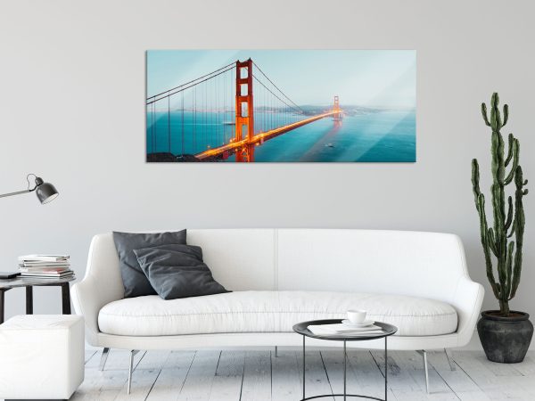 Golden Gate Bridge in der Abenddämmerung, Glasbild Panorama Mode – Bild 2