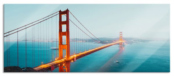Golden Gate Bridge in der Abenddämmerung, Glasbild Panorama Mode