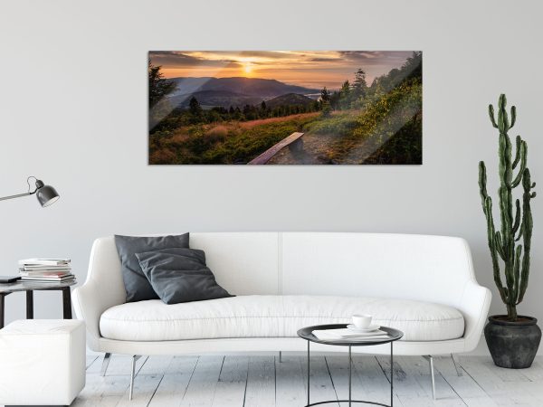 Bank auf Berggipfel bei Sonnenuntergang, Glasbild Panorama Angebot – Bild 2